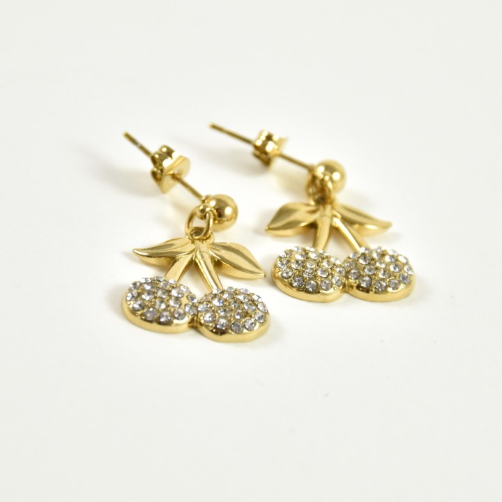 PUCES CERISES STRASS ACIER INOXYDABLE GOLD PETIT PRIX