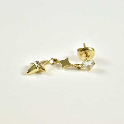 PUCE PENDANTE ETOILES STRASS BLANCS ACIER INOX GOLD PETIT PRIX