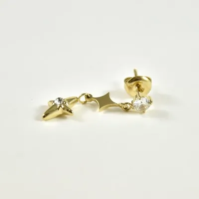 PUCE PENDANTE ETOILES STRASS BLANCS ACIER INOX GOLD PETIT PRIX