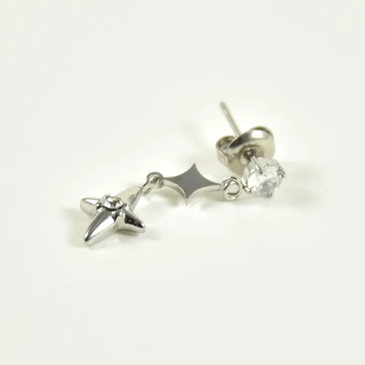 PUCE PENDANTE ETOILES STRASS BLANCS ACIER INOX SILVER PETIT PRIX