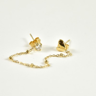 PUCE DOUBLE CHAINETTE BOULES COEUR STRASS ACIER INOX GOLD PETIT PRIX