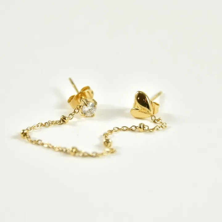 PUCE DOUBLE CHAINETTE BOULES COEUR STRASS ACIER INOX GOLD PETIT PRIX