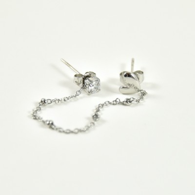 PUCE DOUBLE CHAINETTE BOULES COEUR STRASS ACIER INOX SILVER PETIT PRIX