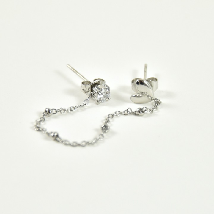 PUCE DOUBLE CHAINETTE BOULES COEUR STRASS ACIER INOX SILVER PETIT PRIX