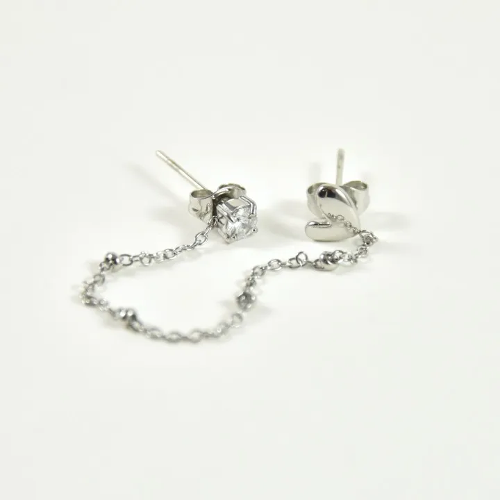 PUCE DOUBLE CHAINETTE BOULES COEUR STRASS ACIER INOX SILVER PETIT PRIX