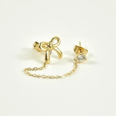 PUCE DOUBLE CHAINETTE NOEUD STRASS ACIER INOX GOLD PETIT PRIX