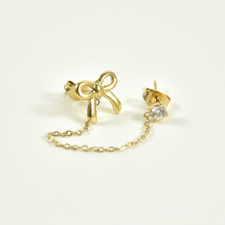 PUCE DOUBLE CHAINETTE NOEUD STRASS ACIER INOX GOLD PETIT PRIX