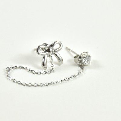 PUCE DOUBLE CHAINETTE NOEUD STRASS ACIER INOX SILVE PETIT PRIX