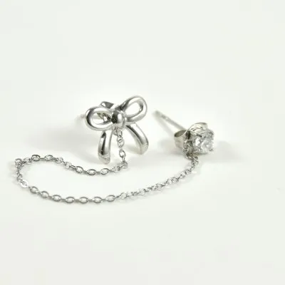 PUCE DOUBLE CHAINETTE NOEUD STRASS ACIER INOX SILVE PETIT PRIX