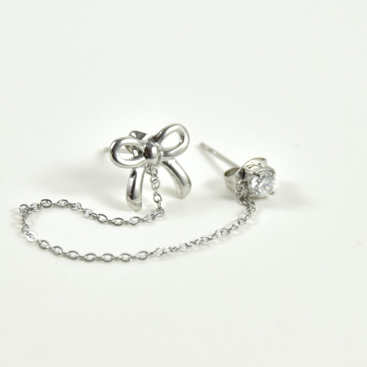 PUCE DOUBLE CHAINETTE NOEUD STRASS ACIER INOX SILVE PETIT PRIX