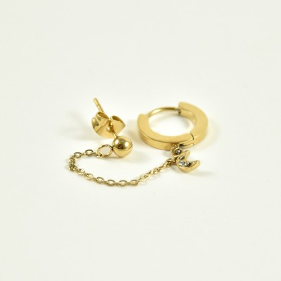 PUCE DOUBLE CHAINETTE BOULE LUNE STRASS ACIER INOX GOLD PETIT PRIX