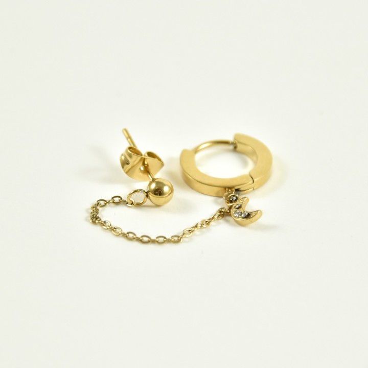 PUCE DOUBLE CHAINETTE BOULE LUNE STRASS ACIER INOX GOLD PETIT PRIX