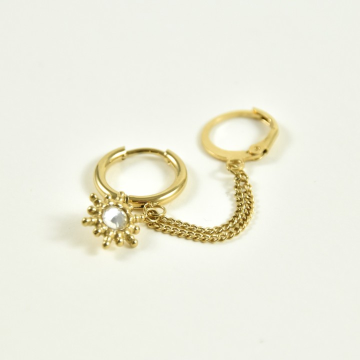 BOUCLE DOUBLE CREOLES SOLEIL STRASS ACIER INOX GOLD PETIT PRIX