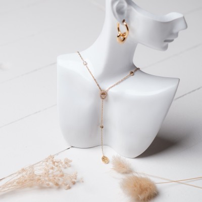 COLLIER CRAVATE RONDS STRASS ACIER INOXYDABLE GOLD PETIT PRIX