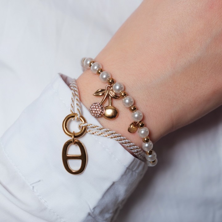 BRACELET PERLES GRIS METALLISE MEDAILLON ACIER INOX GOLD PETIT PRIX