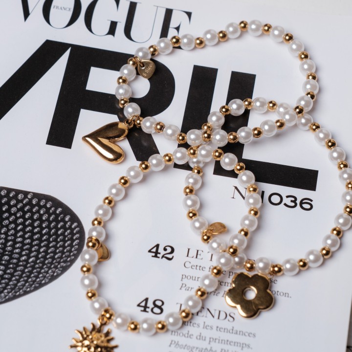 BRACELET ELASTIQUE PERLES COEUR ACIER INOXYDABLE GOLD PETIT PRIX
