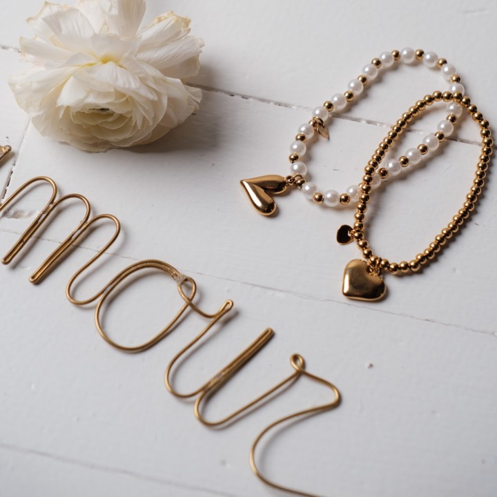 BRACELET ELASTIQUE PERLES COEUR ACIER INOXYDABLE GOLD PETIT PRIX