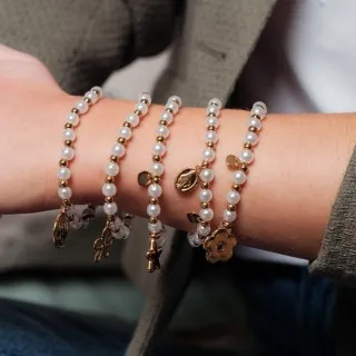 BRACELET PERLES GRIS METALLISE MEDAILLON ACIER INOX GOLD PETIT PRIX
