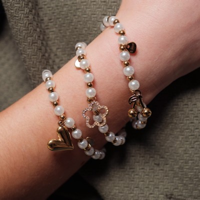 BRACELET PERLES GRIS METALLISE MEDAILLON ACIER INOX GOLD PETIT PRIX