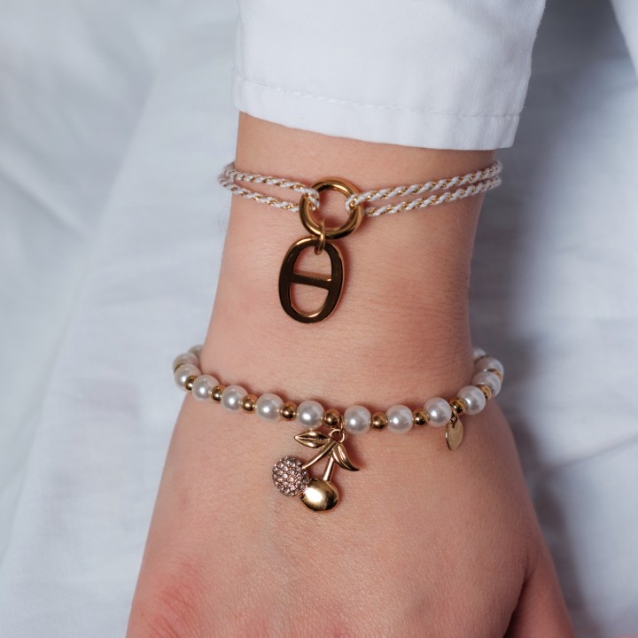 BRACELET ELASTIQUE PERLES CERISES STRASS ACIER INOX GOLD PETIT PRIX