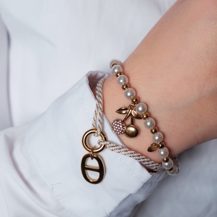 BRACELET ELASTIQUE PERLES CERISES STRASS ACIER INOX GOLD PETIT PRIX