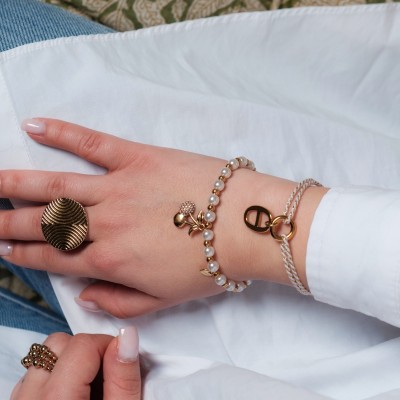 BRACELET ELASTIQUE PERLES CERISES STRASS ACIER INOX GOLD PETIT PRIX