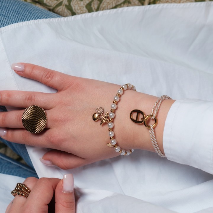 BRACELET ELASTIQUE PERLES CERISES STRASS ACIER INOX GOLD PETIT PRIX