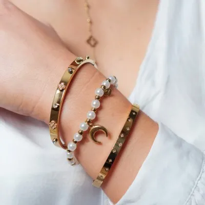 BRACELET ELASTIQUE PERLES LUNE ACIER INOX GOLD PETIT PRIX