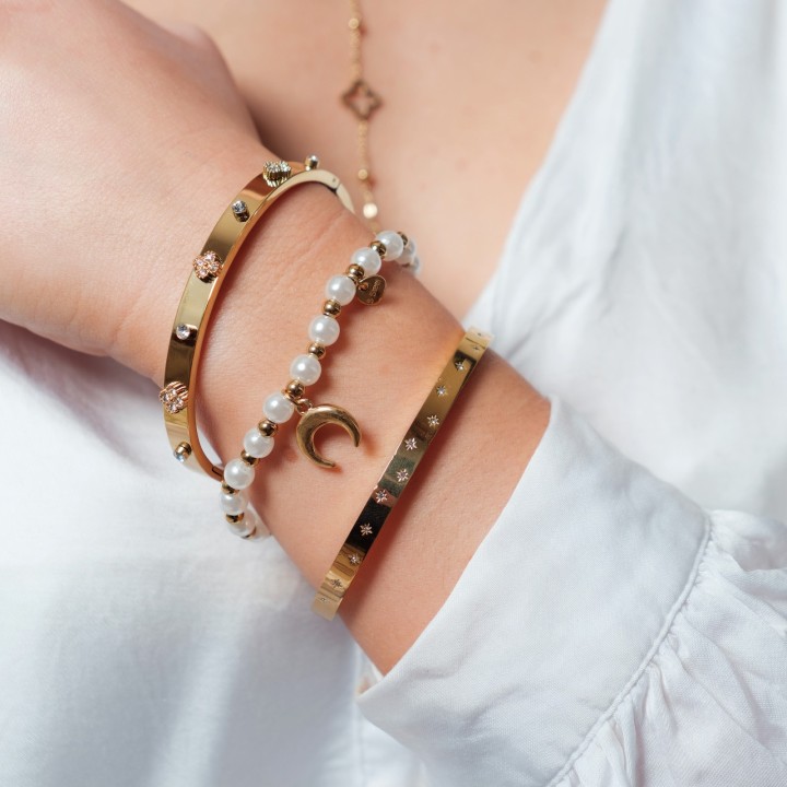 BRACELET ELASTIQUE PERLES LUNE ACIER INOX GOLD PETIT PRIX