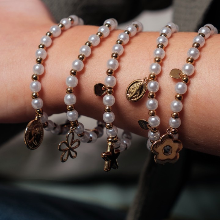 BRACELET PERLES GRIS METALLISE MEDAILLON ACIER INOX GOLD PETIT PRIX