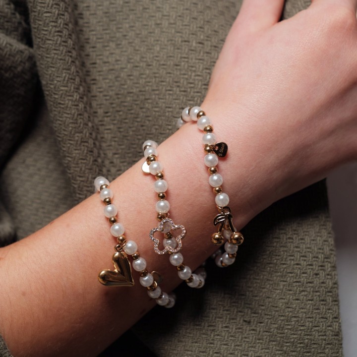 BRACELET PERLES GRIS METALLISE MEDAILLON ACIER INOX GOLD PETIT PRIX