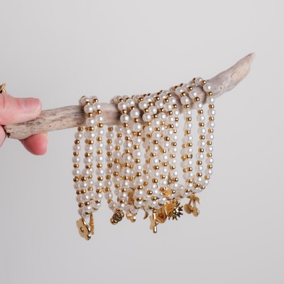 BRACELET PERLES GRIS METALLISE MEDAILLON ACIER INOX GOLD PETIT PRIX