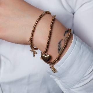 BRACELET PERLES GRIS METALLISE MEDAILLON ACIER INOX GOLD PETIT PRIX