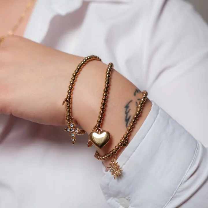 BRACELET PERLES GRIS METALLISE MEDAILLON ACIER INOX GOLD PETIT PRIX