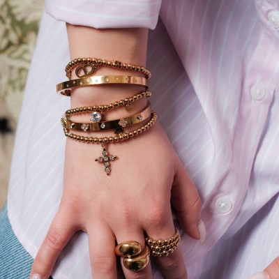 BRACELET ELASTIQUE PERLES CROIX STRASS ACIER INOX GOLD PETIT PRIX