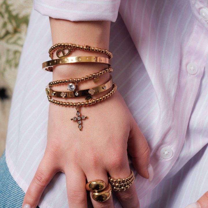 BRACELET ELASTIQUE PERLES CROIX STRASS ACIER INOX GOLD PETIT PRIX
