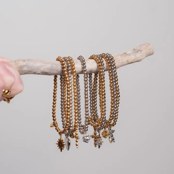 BRACELET PERLES GRIS METALLISE MEDAILLON ACIER INOX GOLD PETIT PRIX