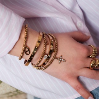 BRACELET PERLES GRIS METALLISE MEDAILLON ACIER INOX GOLD PETIT PRIX