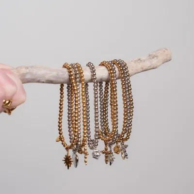 BRACELET PERLES GRIS METALLISE MEDAILLON ACIER INOX GOLD PETIT PRIX