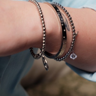BRACELET ELASTIQUE PERLES STRASS ACIER INOX SILVER PETIT PRIX
