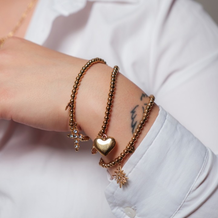 BRACELET PERLES GRIS METALLISE MEDAILLON ACIER INOX GOLD PETIT PRIX