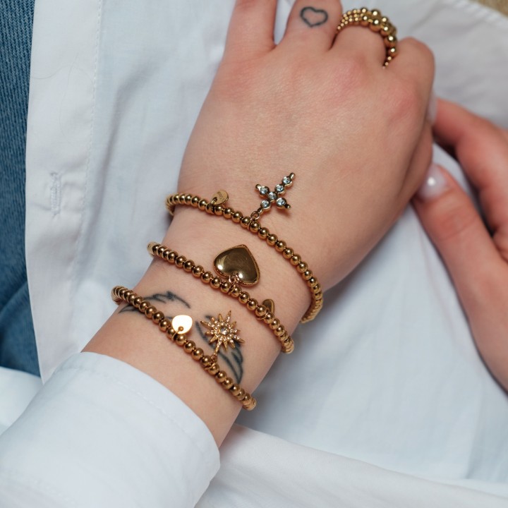 BRACELET PERLES GRIS METALLISE MEDAILLON ACIER INOX GOLD PETIT PRIX