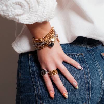 BRACELET PERLES GRIS METALLISE MEDAILLON ACIER INOX GOLD PETIT PRIX