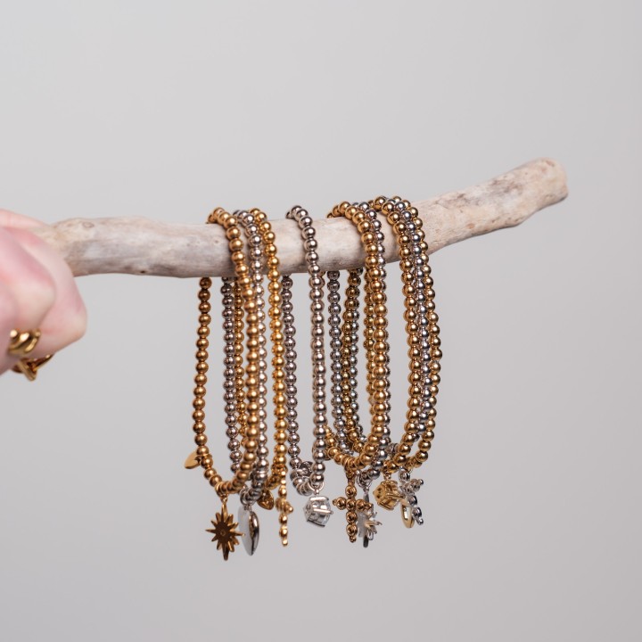 BRACELET PERLES GRIS METALLISE MEDAILLON ACIER INOX GOLD PETIT PRIX