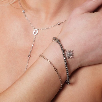 BRACELET ELASTIQUE PERLES SOLEIL STRASS ACIER INOX SILVER PETIT PRIX