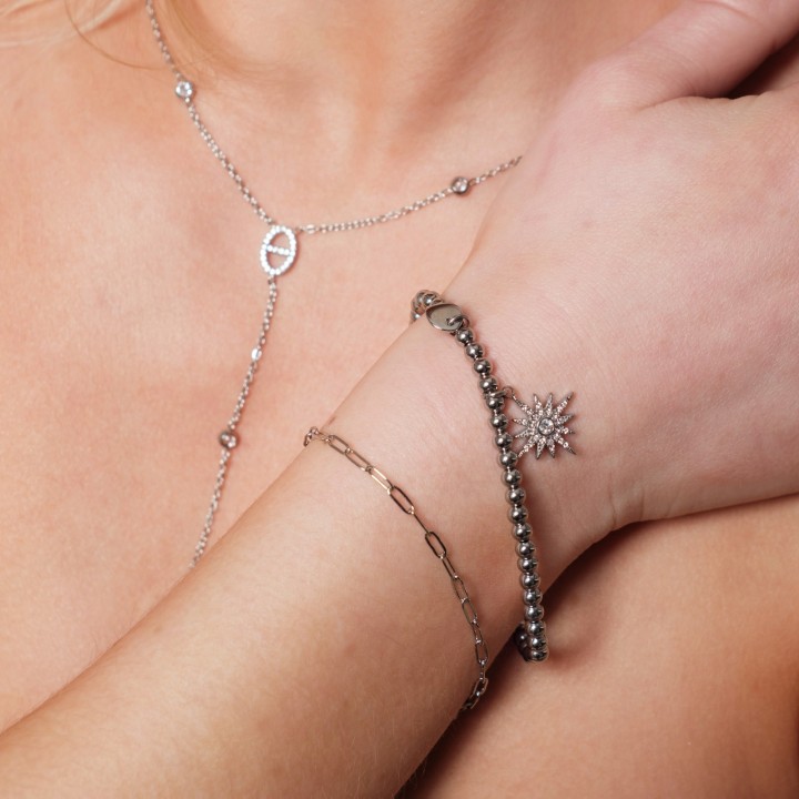 BRACELET ELASTIQUE PERLES SOLEIL STRASS ACIER INOX SILVER PETIT PRIX