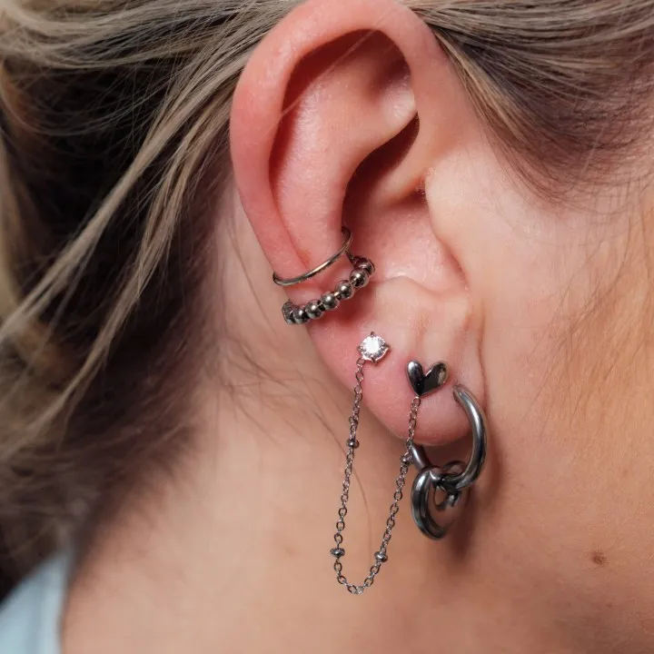 PUCE DOUBLE CHAINETTE BOULES COEUR STRASS ACIER INOX SILVER PETIT PRIX