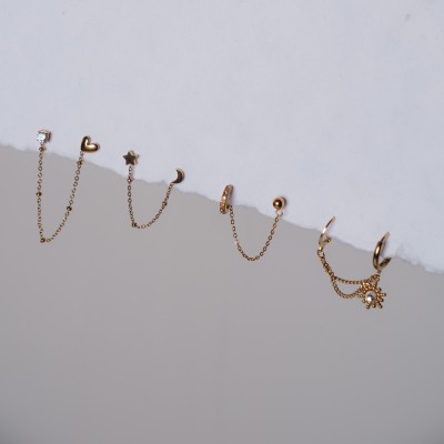 PUCE DOUBLE CHAINETTE BOULES COEUR STRASS ACIER INOX GOLD PETIT PRIX