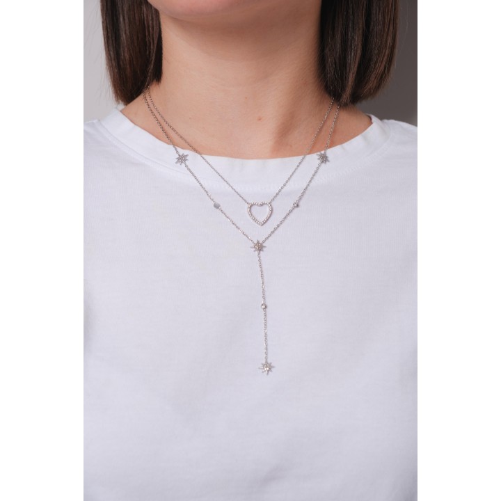 COLLIER CRAVATE ETOILE STRASS ACIER INOXYDABLE SILVER PETIT PRIX