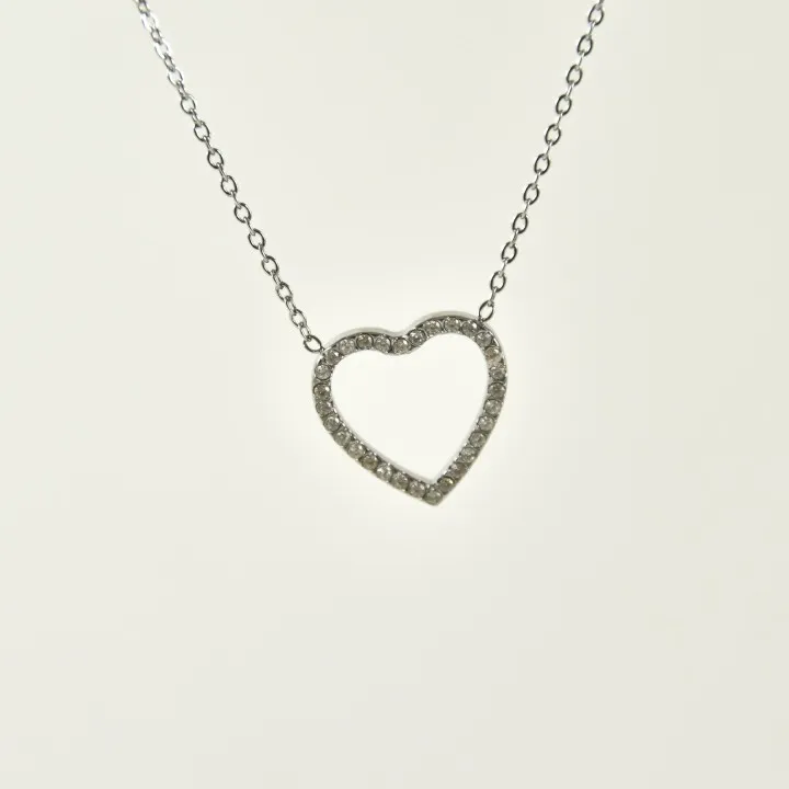 COLLIER COEUR AJOURE STRASS ACIER INOXYDABLE SILVER PETIT PRIX